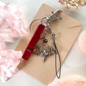 Handcrafted Bat Charm keychain & Safety Whistle with Garnet bead